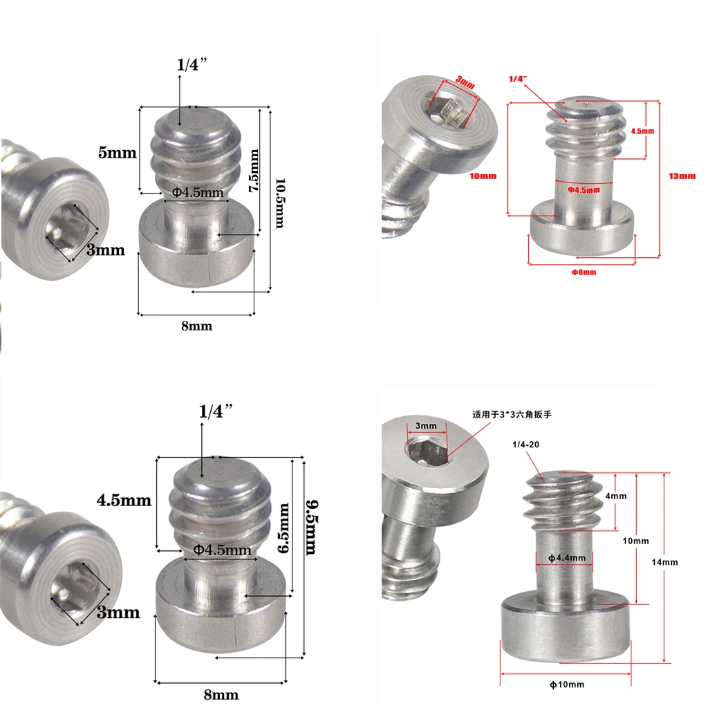 1/4"-20 Screw Stainless Steel Hex Hexagon 3.0 Socket for DSLR Camera Tripod Quick Release Plate Cage Rig Photo Studio Accessory