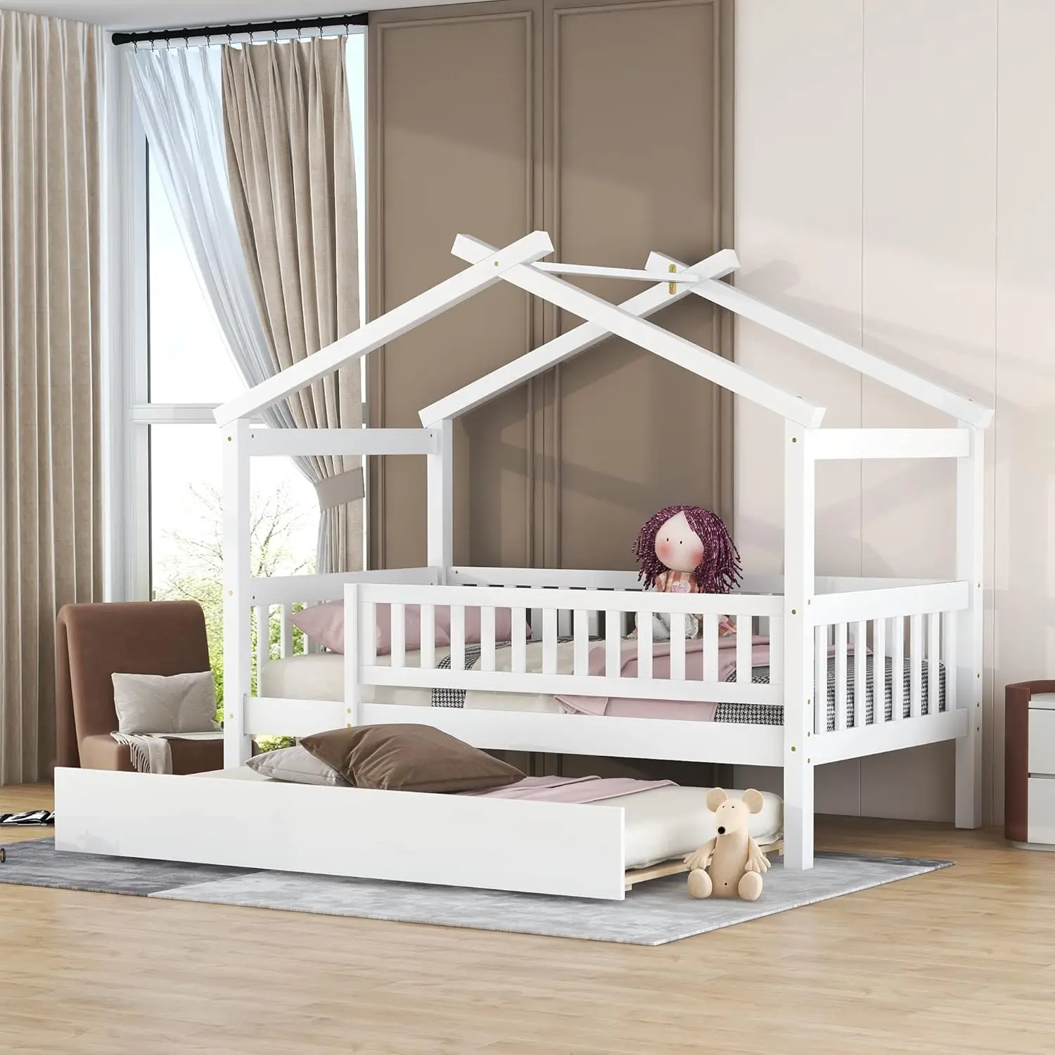 

Twin Size Wooden House Bed with Twin Size Trundle Wood Bed Frame with Roof and Safety Guardrail for Kids, Teens