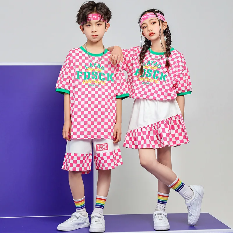 Kids Hip Hop Clothing Children Plaid Top Short Sleeve T Shirt Streetwear Skirt Dance Costume Boys Girls Cheerleading Show Wear