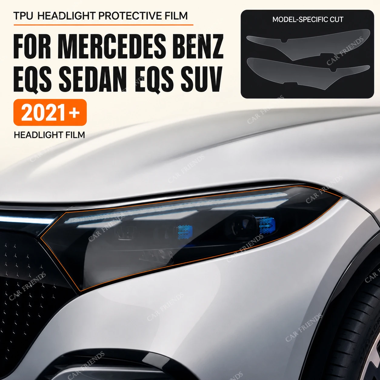2x Maßgefertigte TPU-Scheinwerferschutzfolie für Mercedes Benz EQS Limousine SUV V297 X296 2022-2024 Getönt