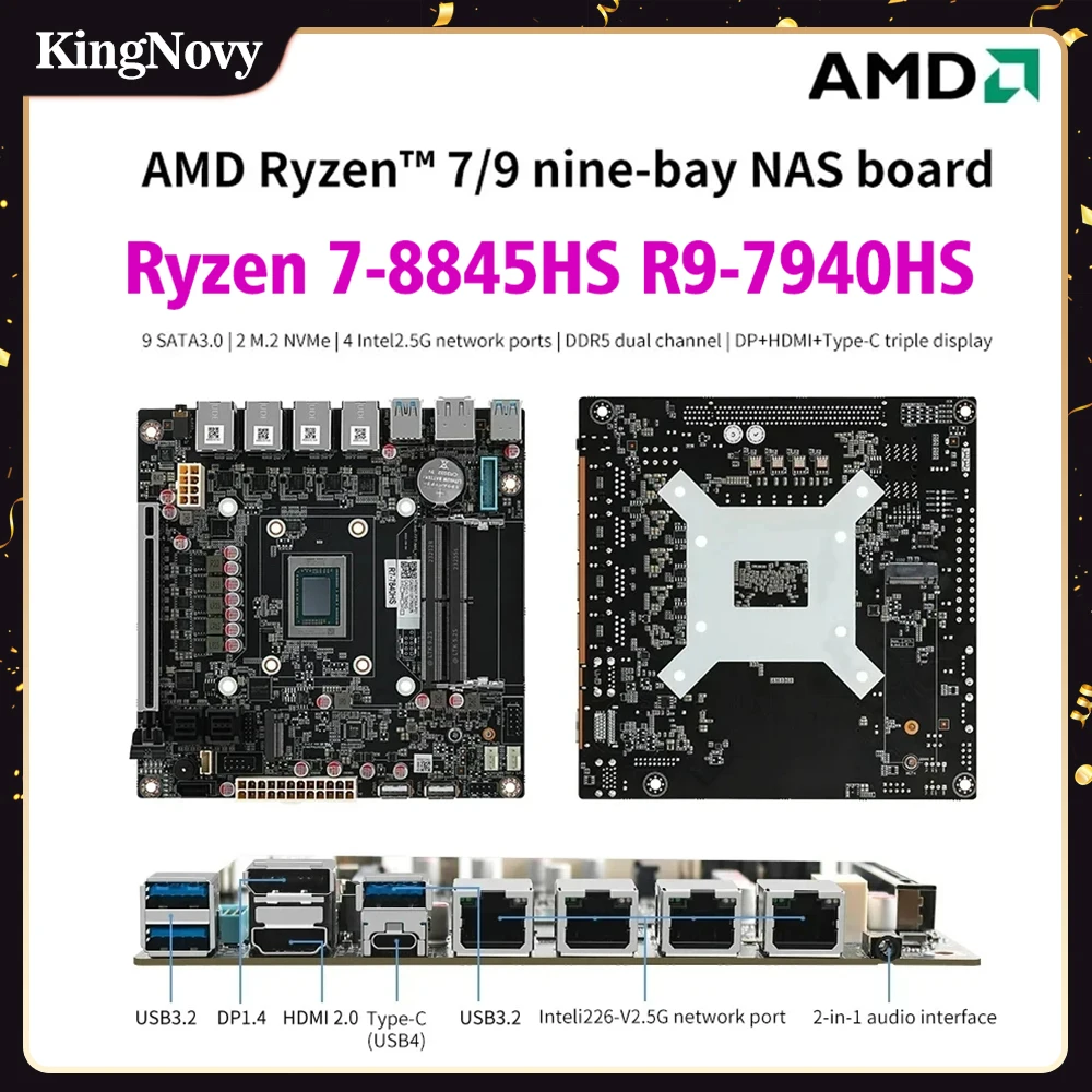 Материнская плата AMD Ryzen 9 7940HS 8845HS 9-Bay NAS 4xi226-V 2,5G LAN 9xSATA3.0 2xM.2 NVMe PCIE X16 2xDDR5 17X1 7 межсетевой экран ITX