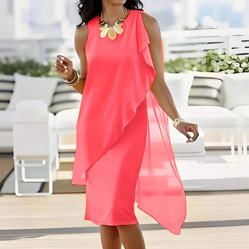 Elegante irregular retalhos chiffon vestido da mulher verão o pescoço sem mangas senhora do escritório vestido casual magro sólido em camadas vestido longo