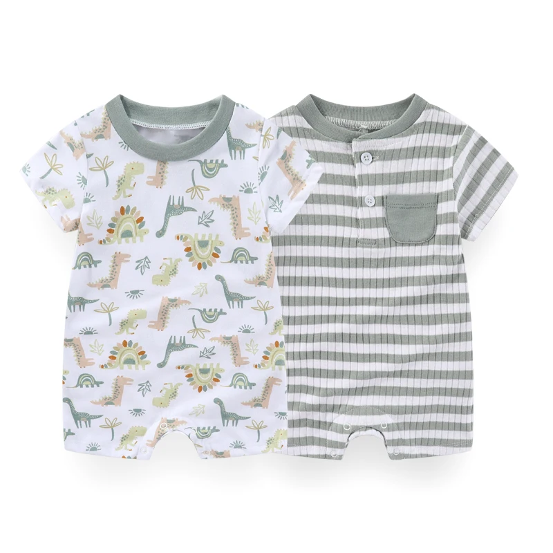 2 Pcs Cartoon Dinosaur Baby Boy Flat-angle Jumpsuits Short Sleeves Newborn Rompers 0-9M Infant Clothes