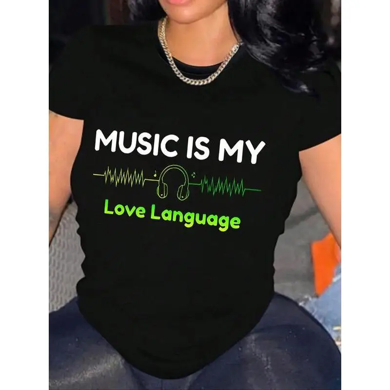 

Women's Music Lover T-Shirt "MUSIC IS MY Love Language" Graphic Tee DJ Headphone Summer Cotton Top Concert Gift