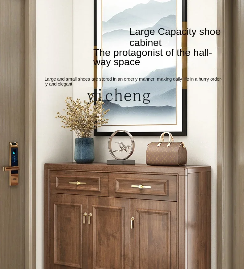 ZC Shoe Cabinet Home Doorway Solid Wood Frame New Chinese Style Entrance Large Capacity Storage Hall Cabinet