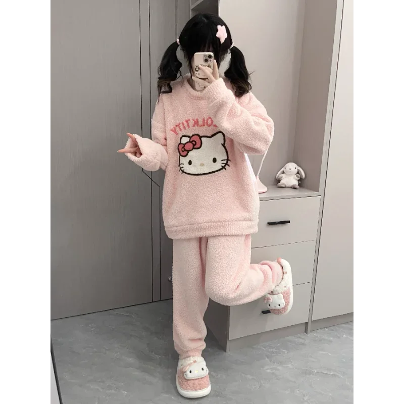 Sanrio Hello Kitty pajamas round neck long sleeves trousers warm plush women\'s pajamas casual cartoon winter loungewear set