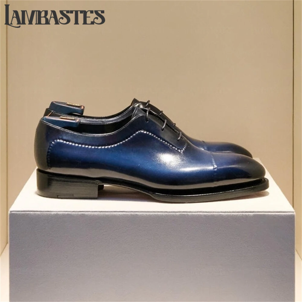 Stitched Oxford Shoes Lace up Polished Leather Dress Shoes with Hand Stitched Seamless Upper Black Blue Hand Painted Dress Shoes