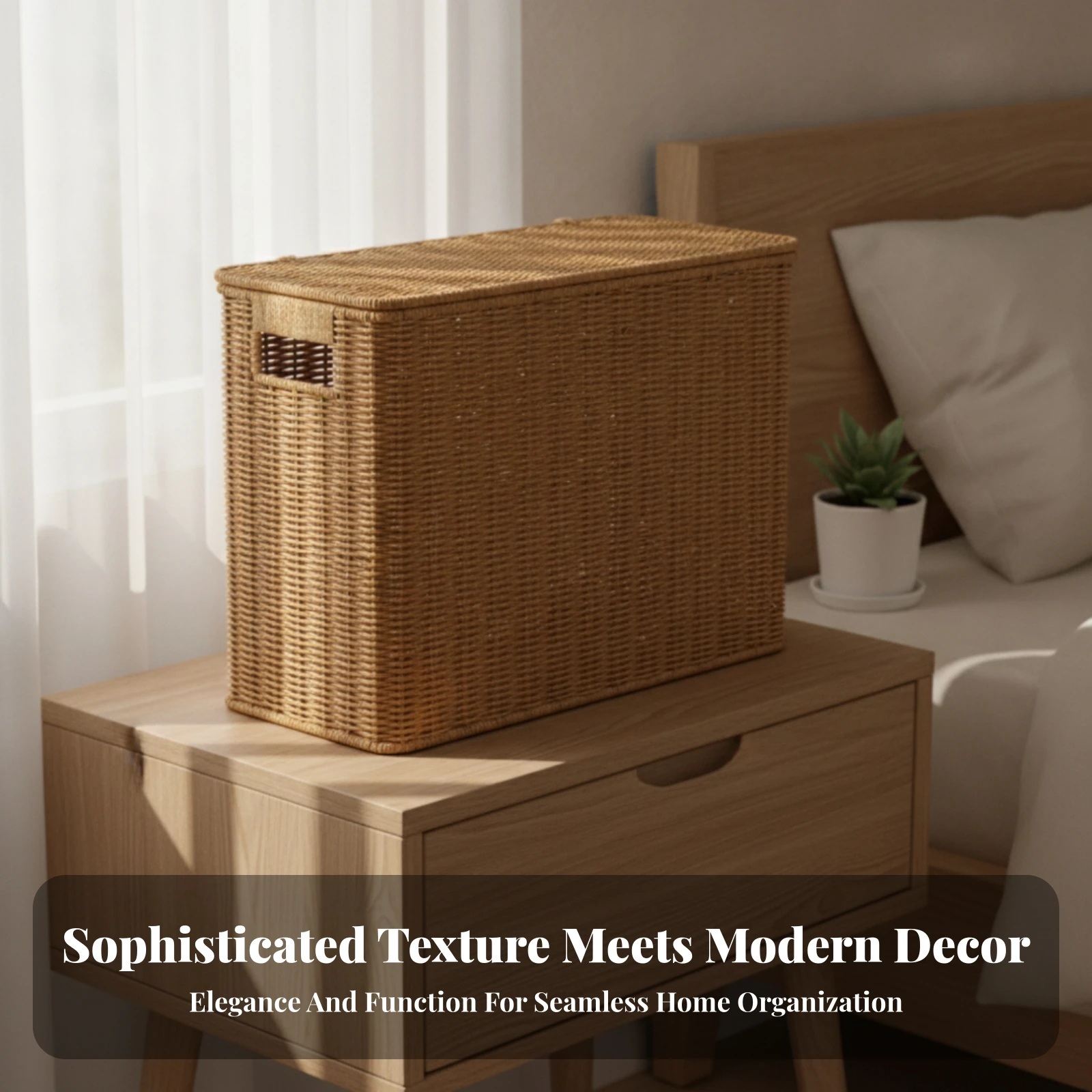 Woven Storage Box with Lid Sturdy Rattan Storage Trunk Woven Hamper with Handles Space-Saving for Bedroom, Living Room