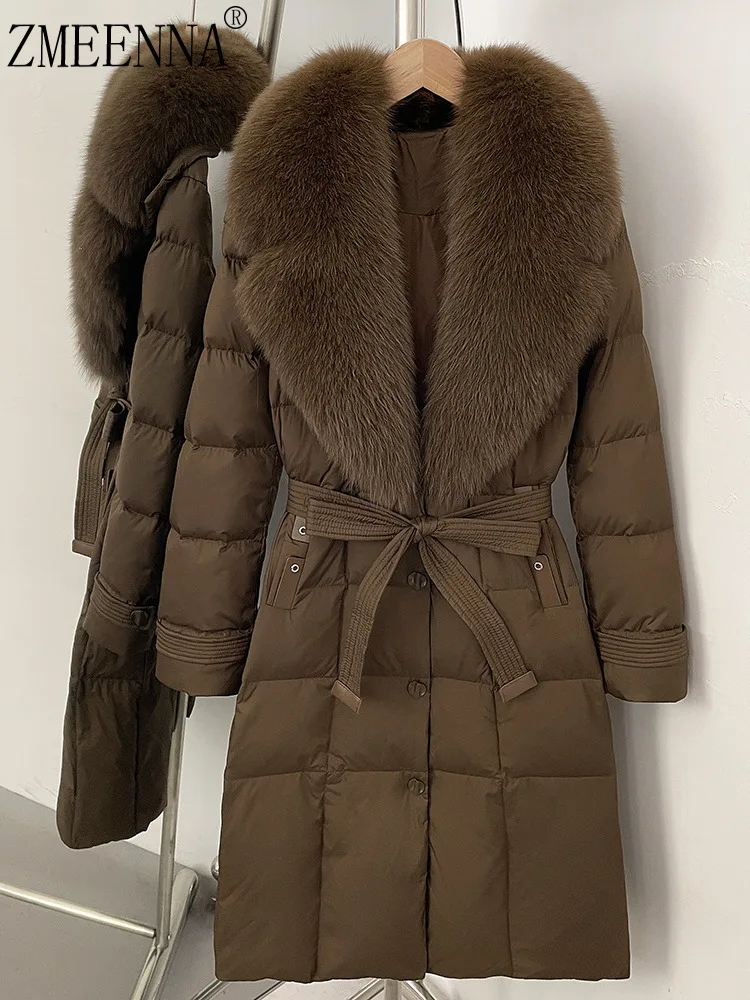 

ZMEENNA женское длинное пуховое пальто с меховым воротником и поясом, зимняя куртка, теплая верхняя одежда, коричневая элегантная длина, ZM4311