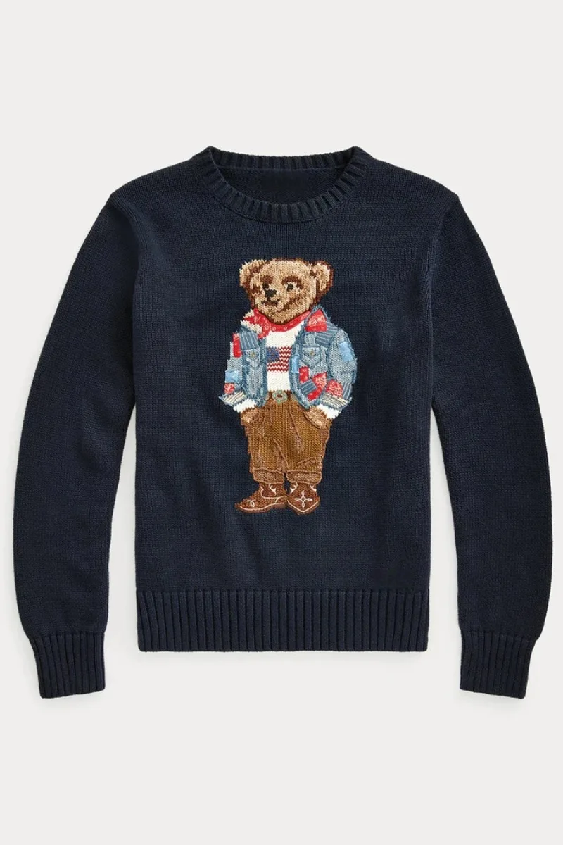 2025 New Women's Cotton Cartoon Bear Print Sweater Round Neck College Style Youthful Loose Fit for Autumn Winter Casual