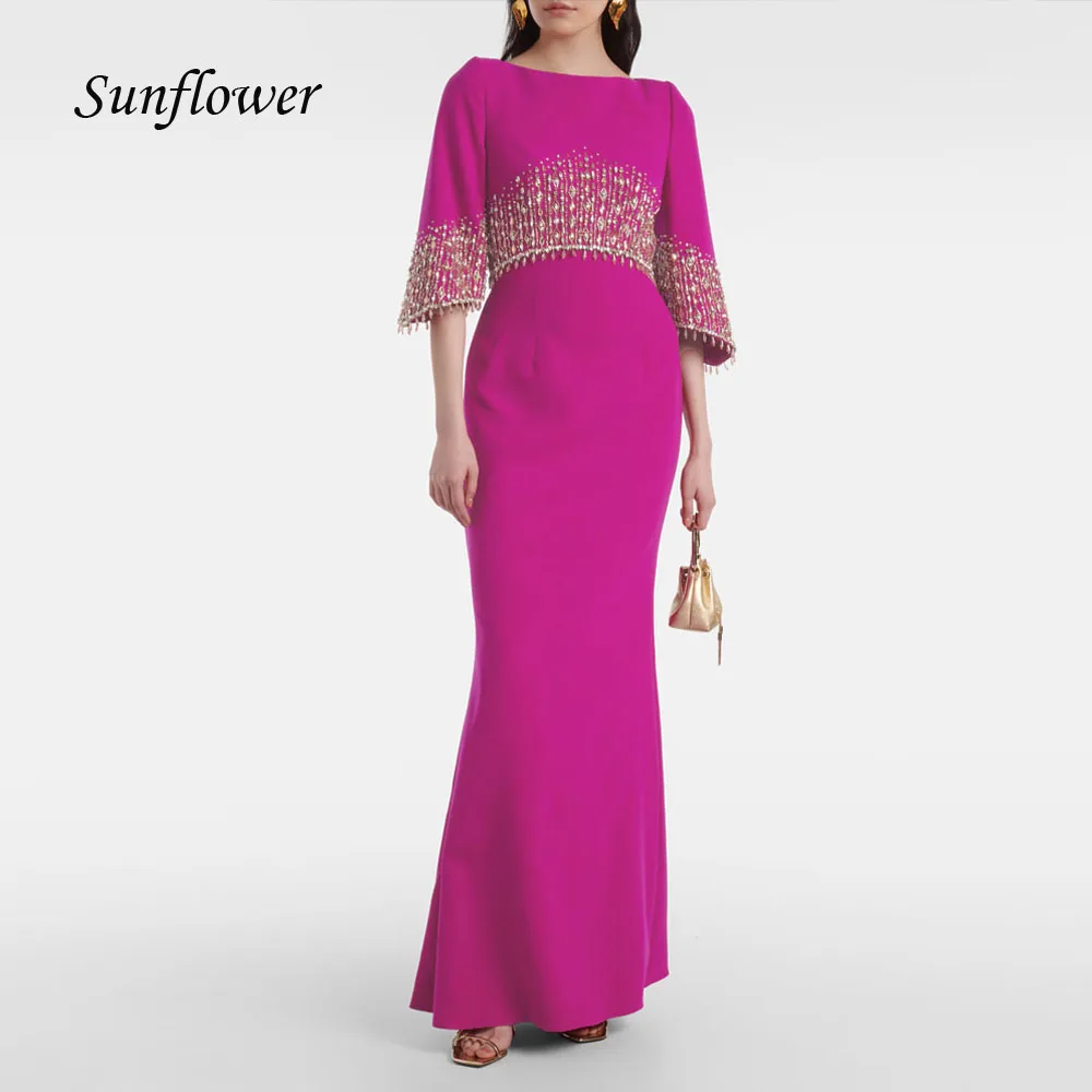 

Sunflower Customized Fuchsia Crepe Evening Dress Half Sleeves with Beadings Mermaid Floor-Length Formal Occasion Dress