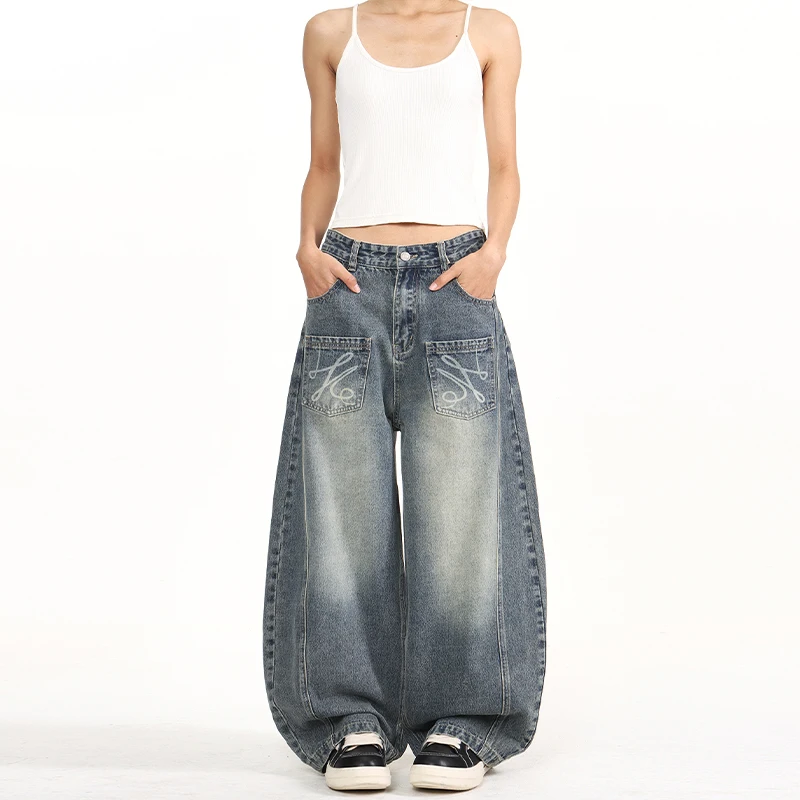 Men's Jeans American Fashion Laser Printed MultiPocket Scythe Denim Long Pants Unisex Baggy Draped Floor Length Trousers
