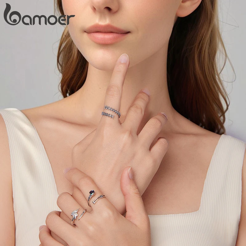 Bamoer 925 فضة جريئة العمود الفقري حلقة مفتوحة قابل للتعديل خاتم خمر للنساء فاسق جماليات الظلام هالوين مجوهرات هدية