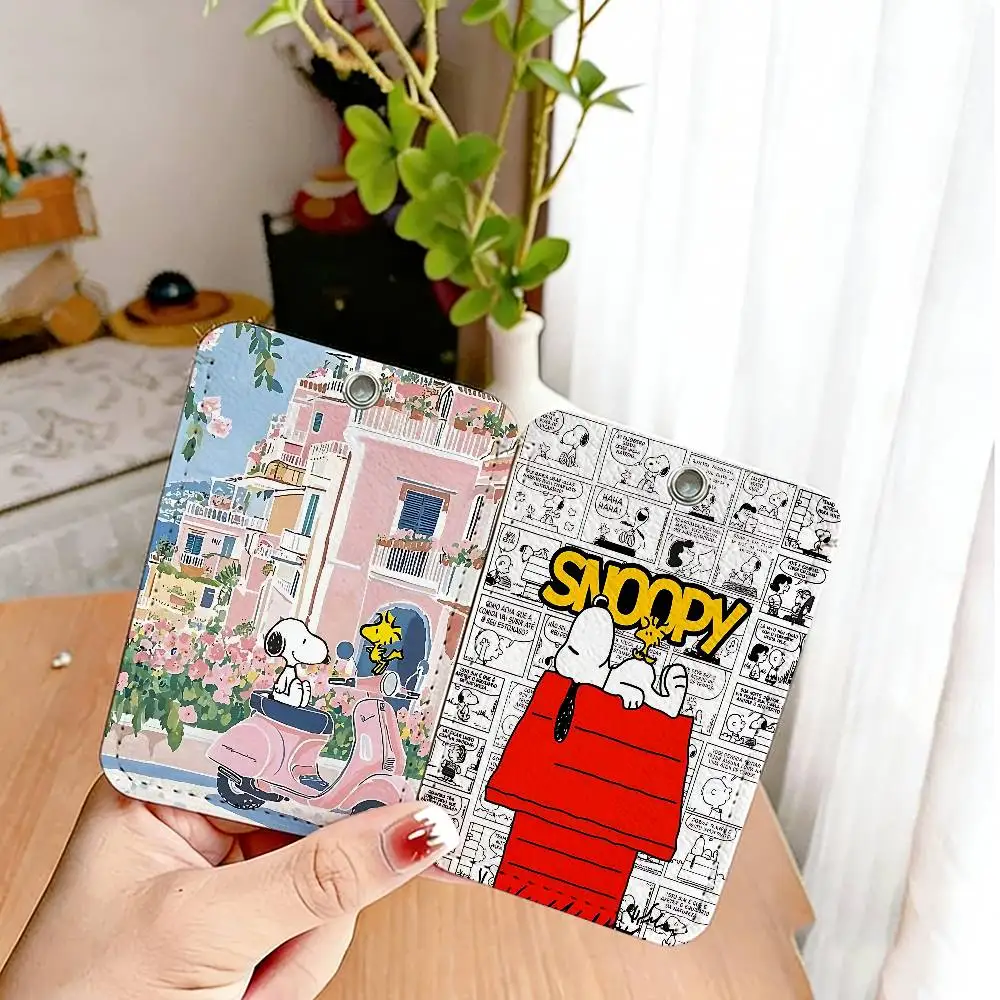 The S-Snoopys Show Cartoon 1Pc PU Leather Card Holder Keychain Key Ring Door Lock Access Tags ID Card Case Keychain Card