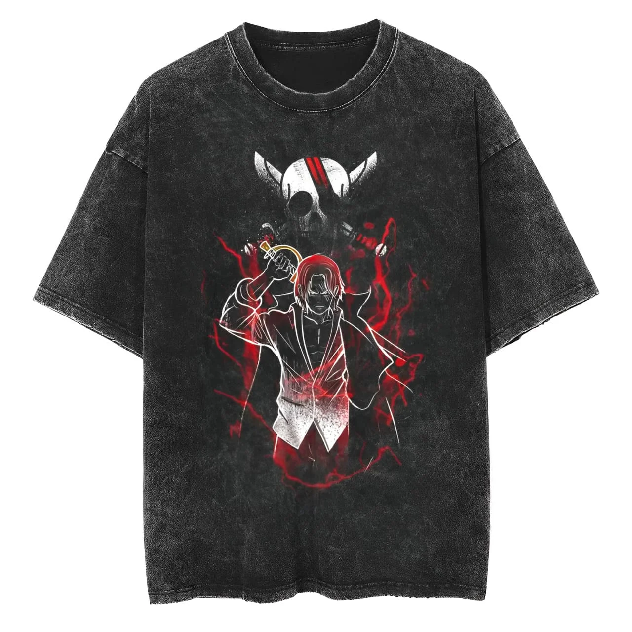 

one piece shanks conqueror's haki red hair pirates vintage washed cotton t shirt men women 2026 summer oversized streetwear