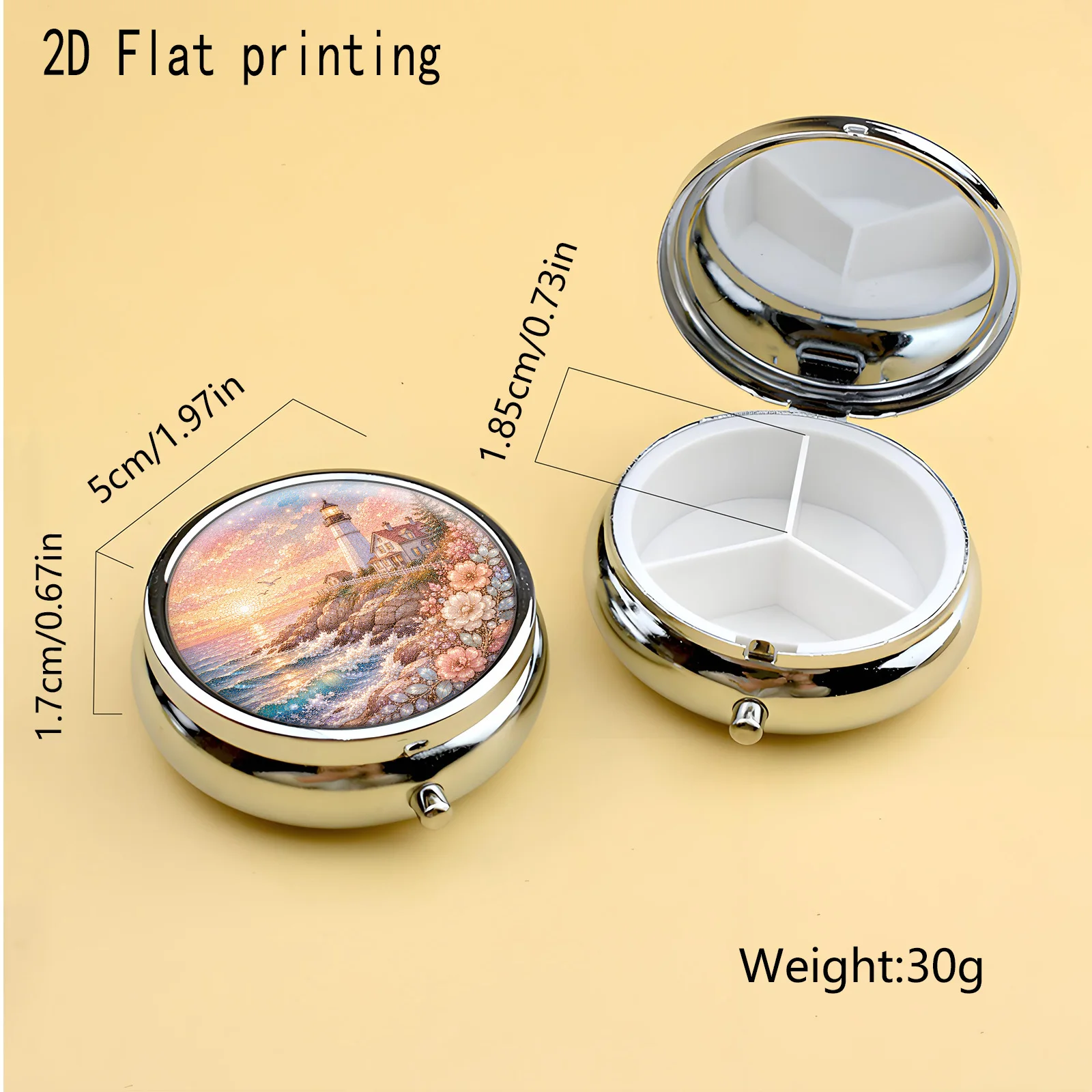 1 Flat-Printed Round Metal Pill Box, Portable Travel Pill Box with Compartments, Can Store Daily Vitamins and Supplements, Compact and Portable Storage Box, Suitable for Women as Birthday or Holiday Gifts, Flat Design
