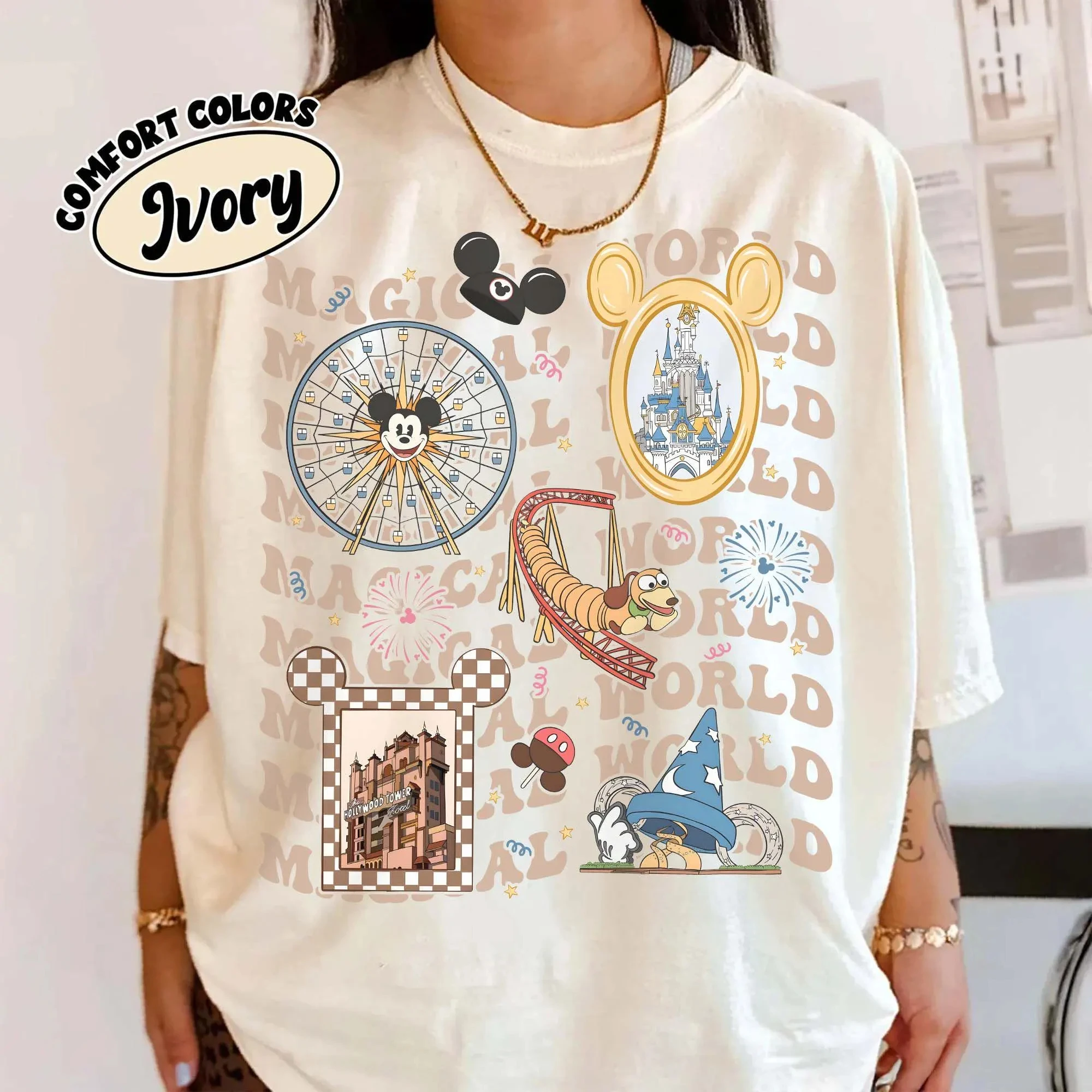 Colar retrô Disney Magic World Comfort ®   Camisa, Epcot World Tour Hollywood Studios Camisa EPCOT, Camisa do Parque Mágico