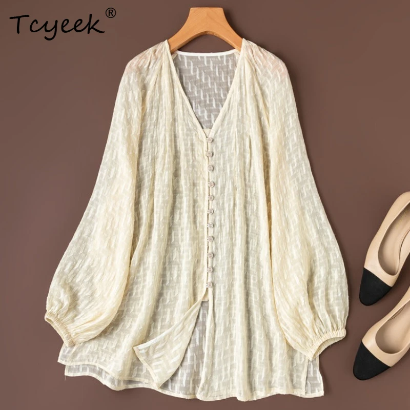 

Tcyeek 100% Real Silk Blouses for Women 2026 Spring Exquisite Semi-transparent Sun Protection Shirt Female Clothes Chemise Femme