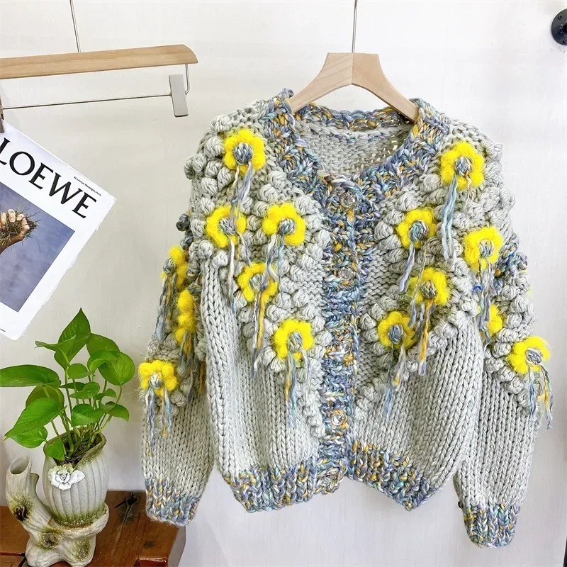 Woman 3D Crocheted Flowers Tassels Sweater Coat Contrast Color Cardigan Stick Needles Hand Woven Hooked Balls Knitwear Crop Tops