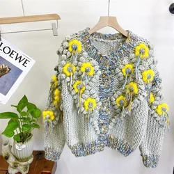 Woman 3D Crocheted Flowers Tassels Sweater Coat Contrast Color Cardigan Stick Needles Hand Woven Hooked Balls Knitwear Crop Tops