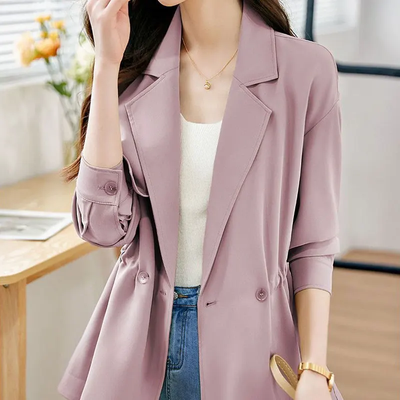 Female Clothing Solid Color Jackets Fashion Shirring Spring Autumn Long Sleeve Single Button Korean Loose Tailored Collar Coats