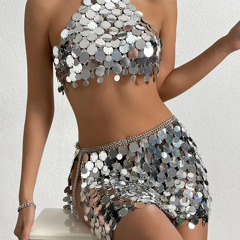 Leqoel Sexy Hollowed Out Beads Sexy Strap Suit Sequin Skirt With Sleeveless Halter Top 2023 Party Clothing