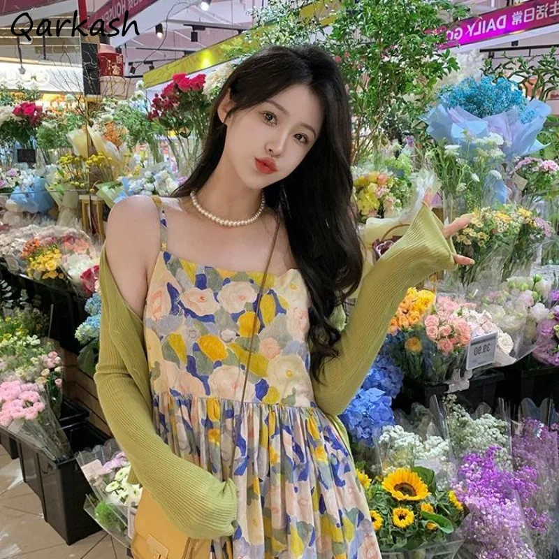 Cami Dress Knitted Cardigan Cami Dress Midi Defined Waist Pleated Floral Loose Two Pieces Korean-style Temperament Sweet Girls