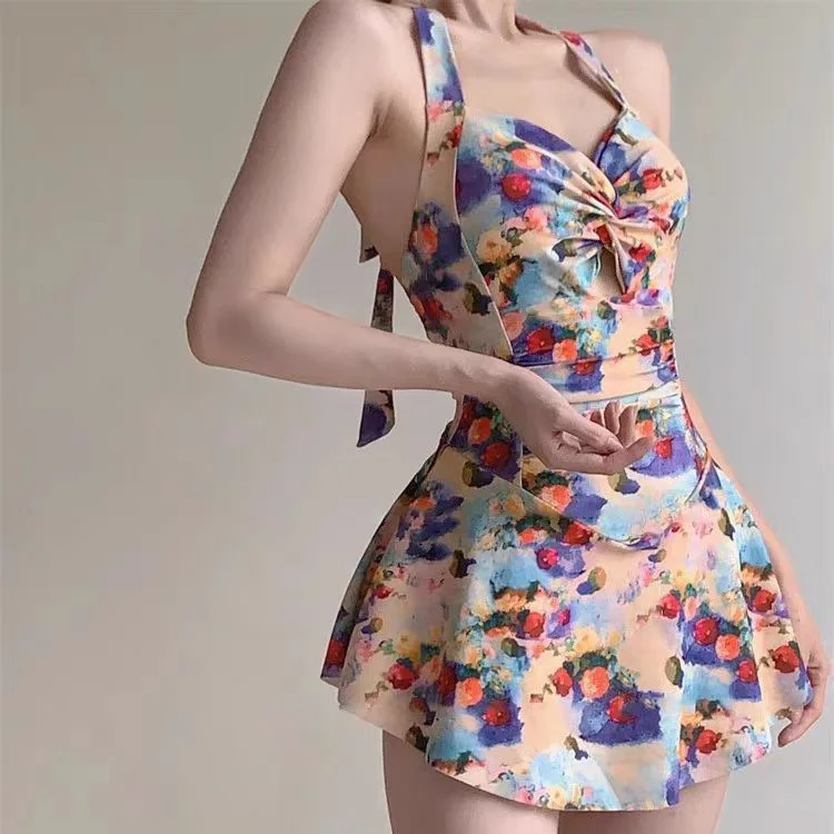 Summer Swimsuit Women's Suspender One-piece Thin Niche Retro Floral Thin Backless Girl Hot Spring Swimsuit
