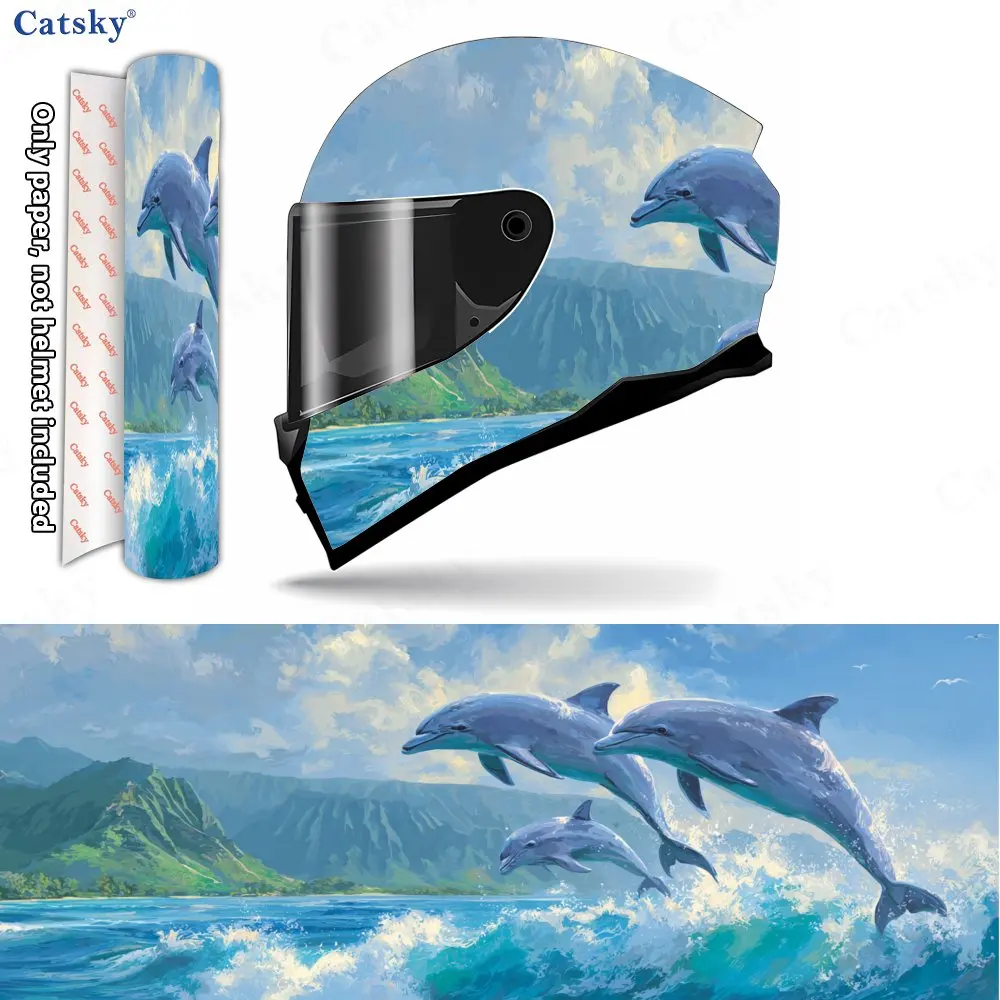 

Dolphin Wave-Jumping Seaview Art Helmet Vinyl Wraps, Waterproof Scratch-Resistant Full Face Helmet Decals, Durable PVC Decoratio