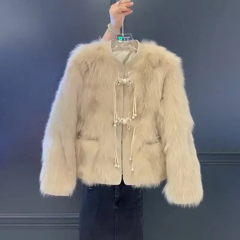 

New Chinese Sle ort Fur Coat Women's round Ne Faionable Outerwear Thi Briti Sle Winter Coat with Hat