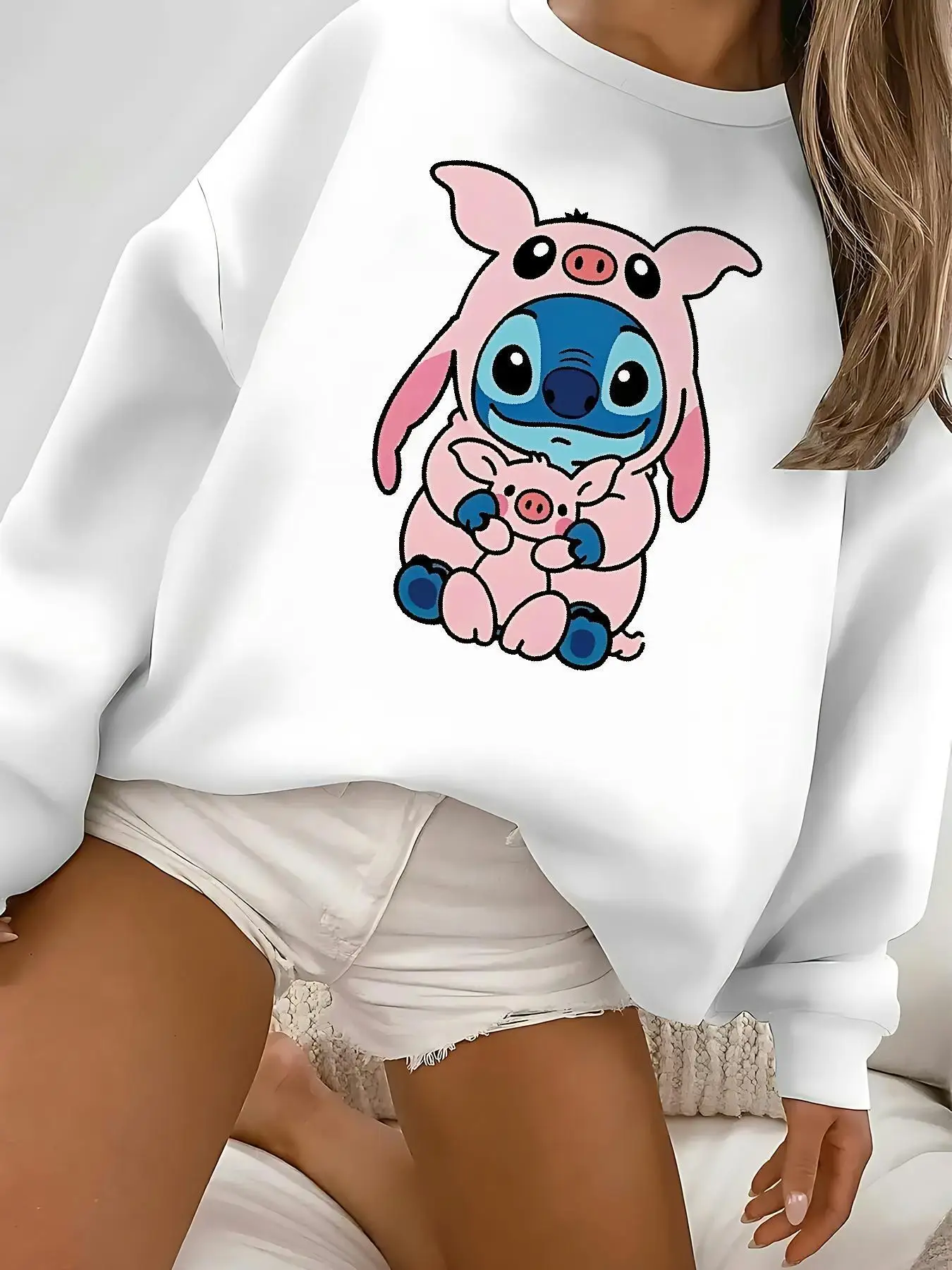 سويت شيرت نسائي برقبة دائرية من Disney Stitch بلوفر للجنسين من الصوف كاجوال للخريف والشتاء ملابس خروج كبيرة الحجم