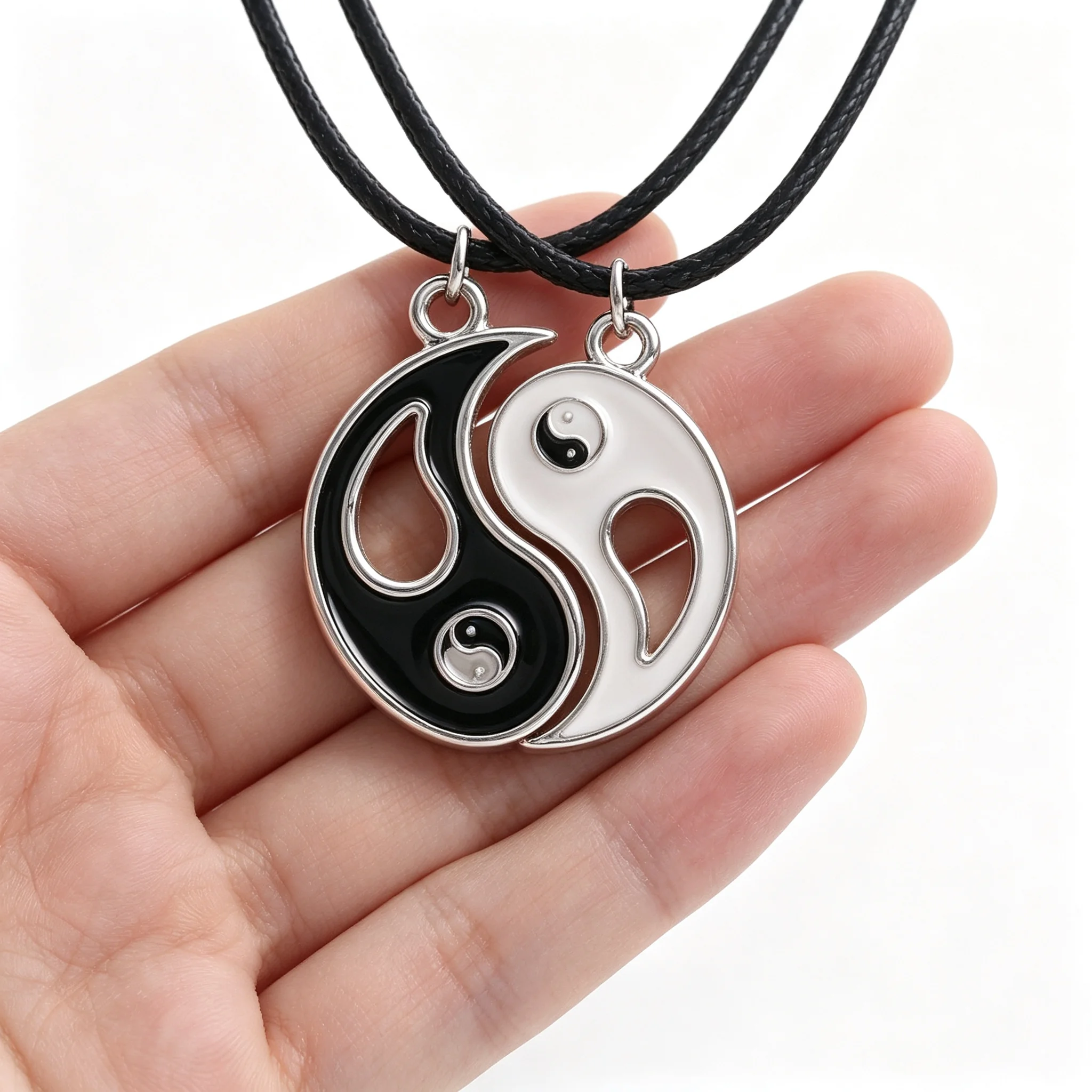 Yin Yang Couple Matching Necklace Set Black White Hollow Enamel Tai Chi Pendant Black Braided Rope Gothic Punk Vintage Halloween
