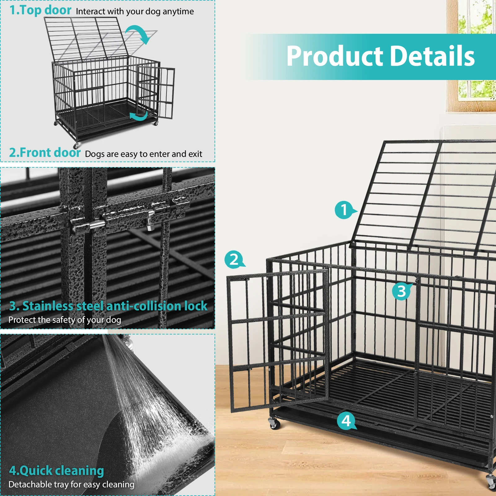 

48inch Dog Crate Cage Kennel Double Door with Wheels Dogs Cage Kennel Reinforced Baseplate Escape Proof with 2 Removable Tray