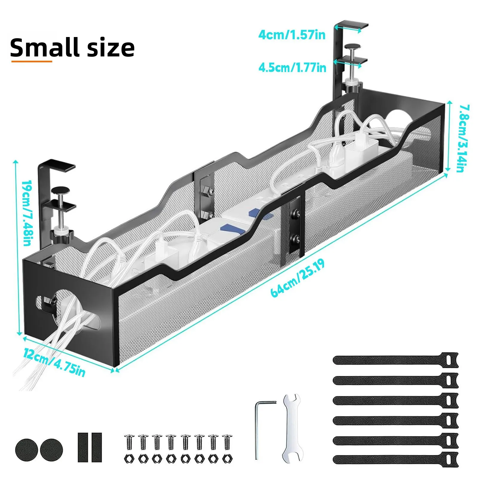 Under Desk Cable Management Tray, No Drill Clip On Cable Rack Organizer for Home Office, Carbon Steel Wire Basket for Cables