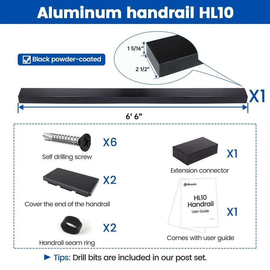 66 Aluminum Black Cable Railing Handrail Rectangular Handrail for Cable Railing System Top Rail Deck Stair Indoor Outdoor Length