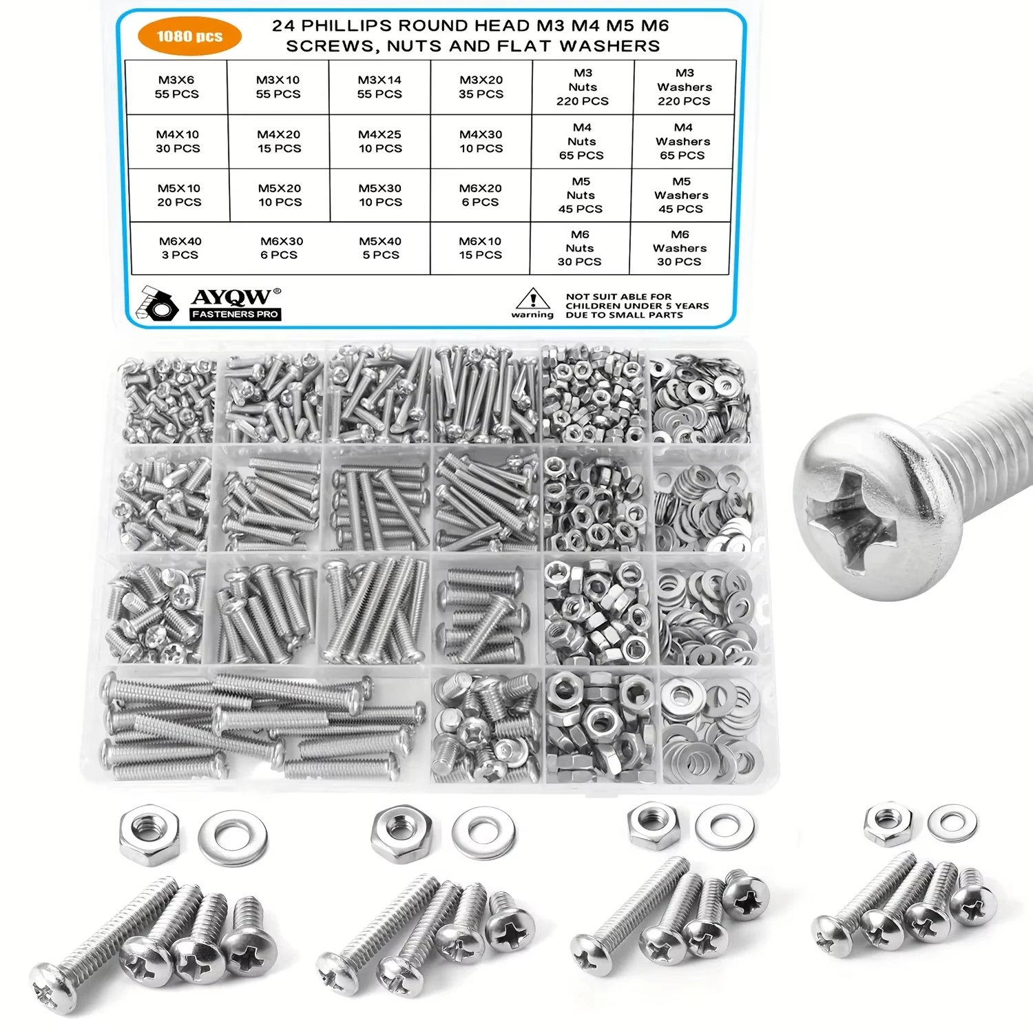 1080pcs Screws Bolts and Nuts Assortment Kit, Metric Machine Screws and Nuts and Flat Washers, M3/M4/M5/M6 image 6