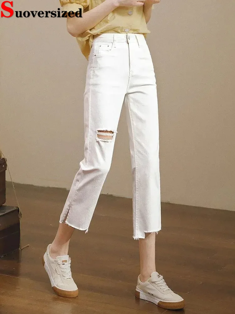 

Summer Thin Hole Design Straight Jeans Women Casual High Waist Wide Leg Denim Pants Korean Fashion Stretch Ankle Length Vaqueros