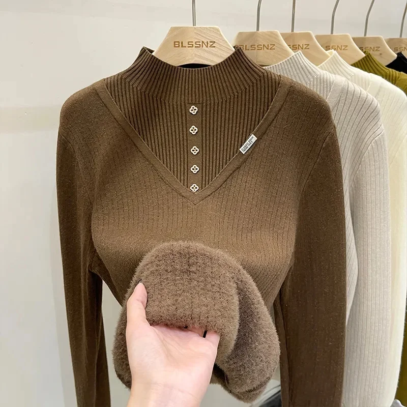 Suéter cálido de Invierno para mujer, Jersey de punto grueso de terciopelo de felpa, prendas de punto forradas, medio cuello alto coreano, Tops de punto suave para mujer