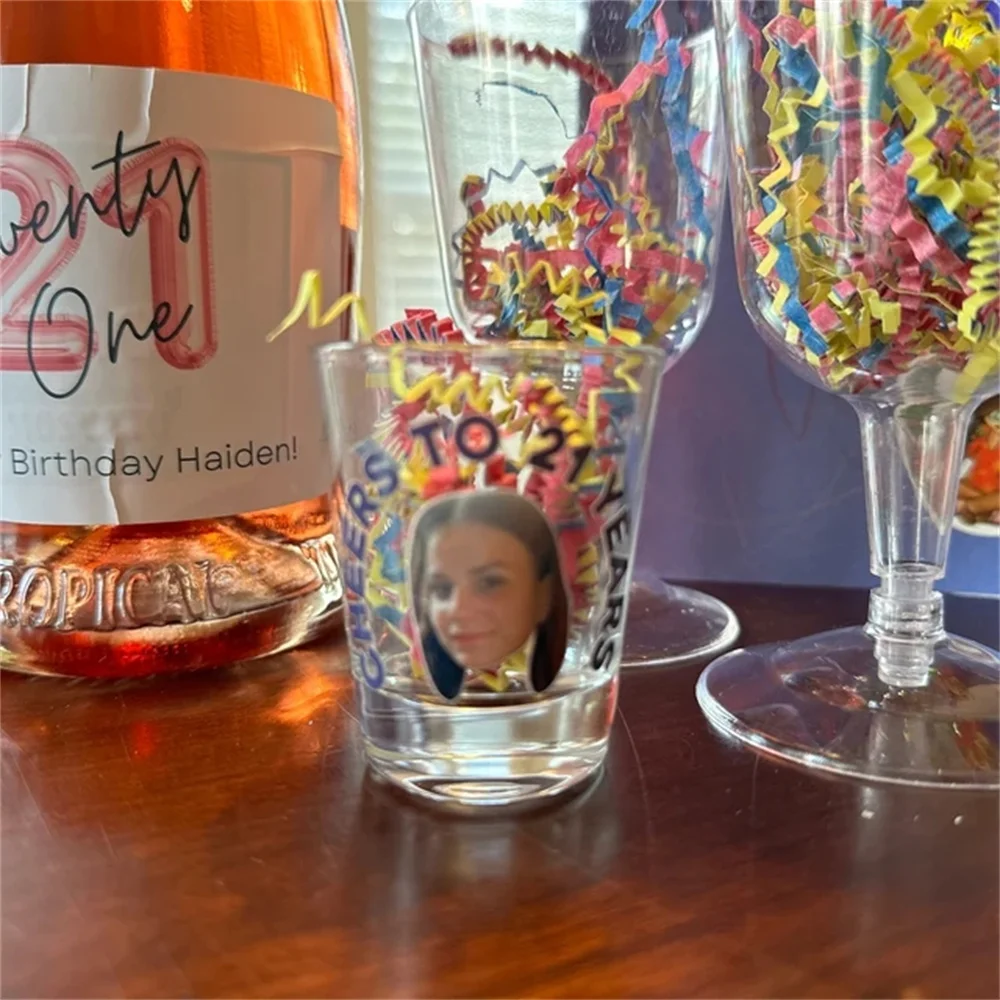 Cheers to 21 years shot glass, Bday shot glasses, 21st birthday party favors, 21st birthday shot glass, Shot glass with picture