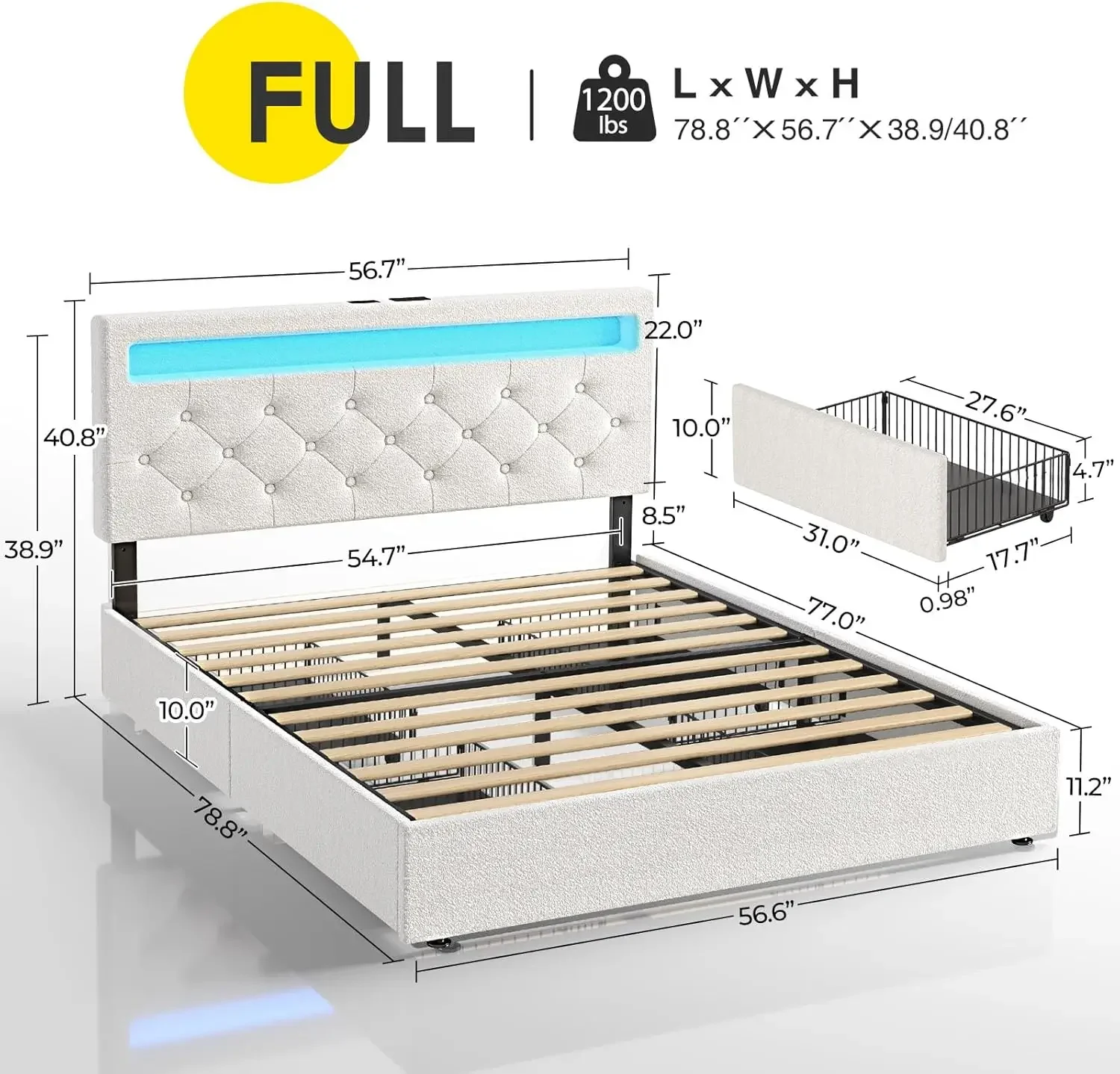 Full Size Bed Frame with Charging Station and LED Lights, Upholstered Bed with Adjustable Headboard and 4 Storage Draw