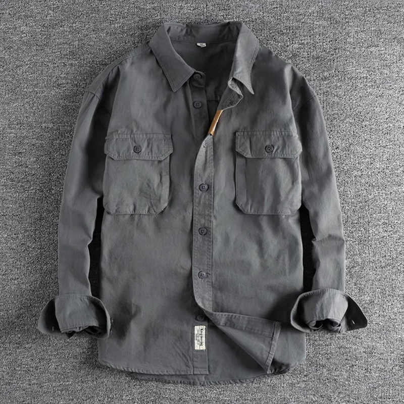 Vintage Style Work Shirt with Multi-purpose Pockets for Men Classic Long Sleeve Button Up