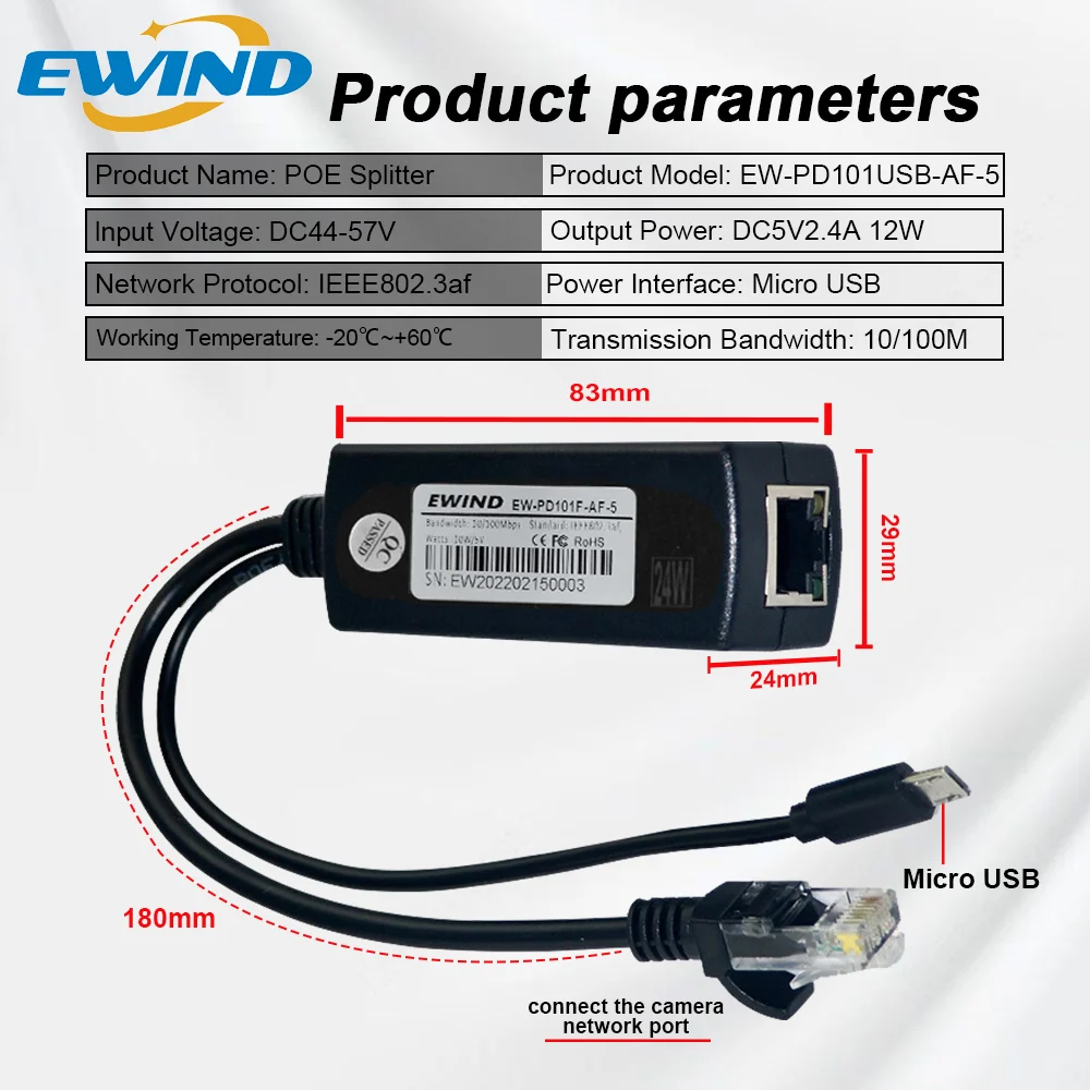 EWIND POE Splitter 10/100Mbps IEEE802.3af 44-57V To 5V 2.4A Micro USB Power Supply for IP Camera Wireless AP or Non-POE Device