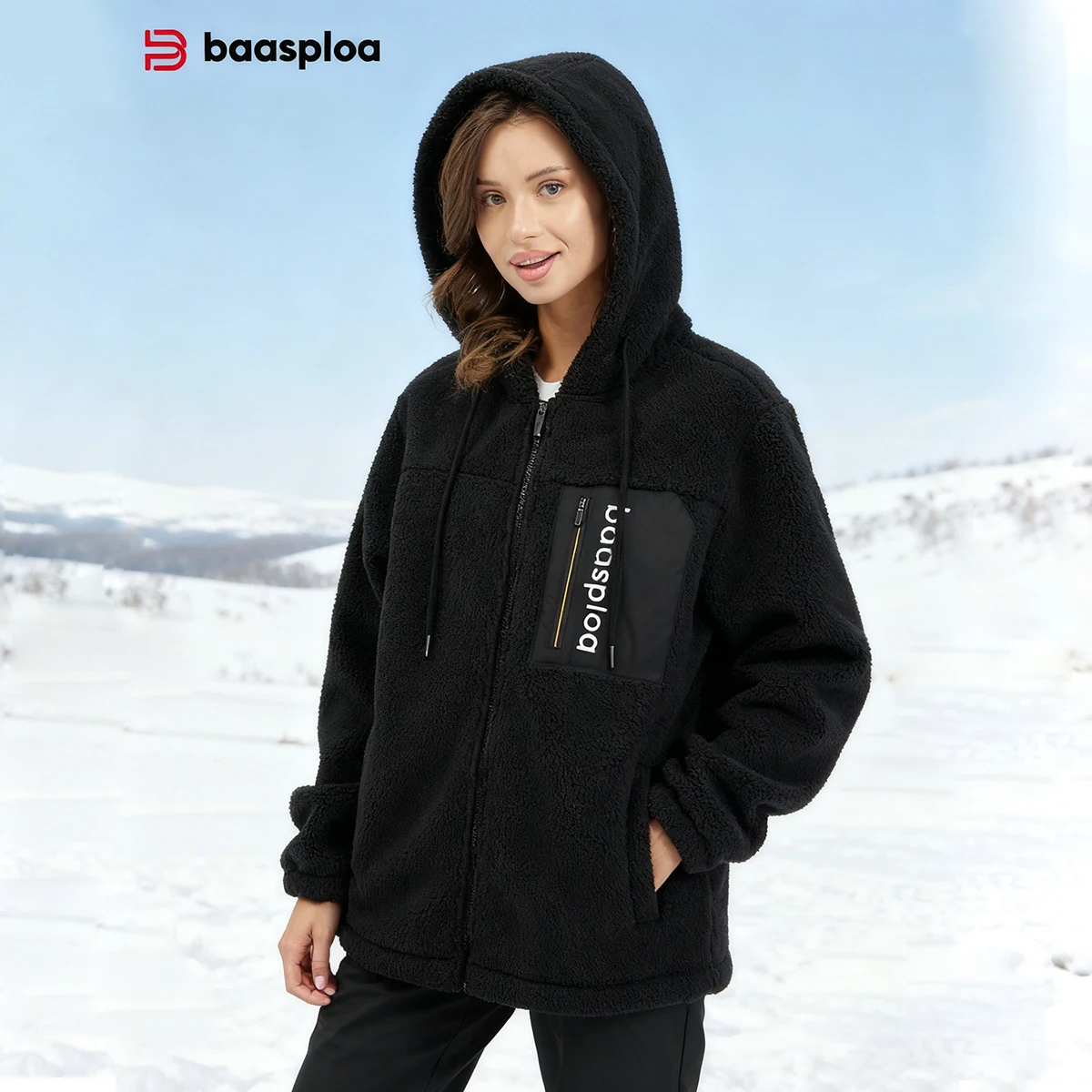 

Baasploa Women Fleece Jackets Winter Fashion Solid Color Loose Hooded Sweatshirts Female Casual Long Sleeve Zip Hoodies