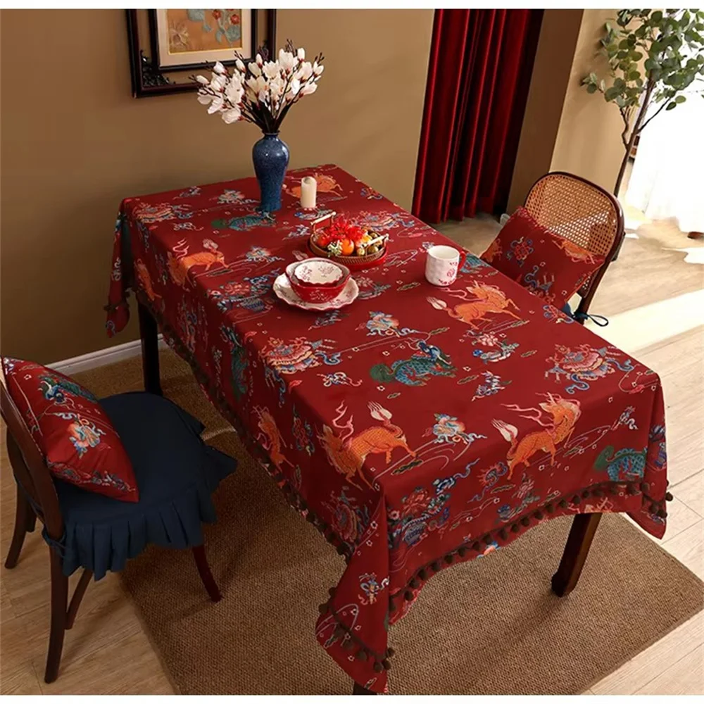 DAVINRICH Chinese Mythical Animals Decorative Tablecloth Retro Charm Oriental Style Rectangular Table Cloth Parties Banquet Deco