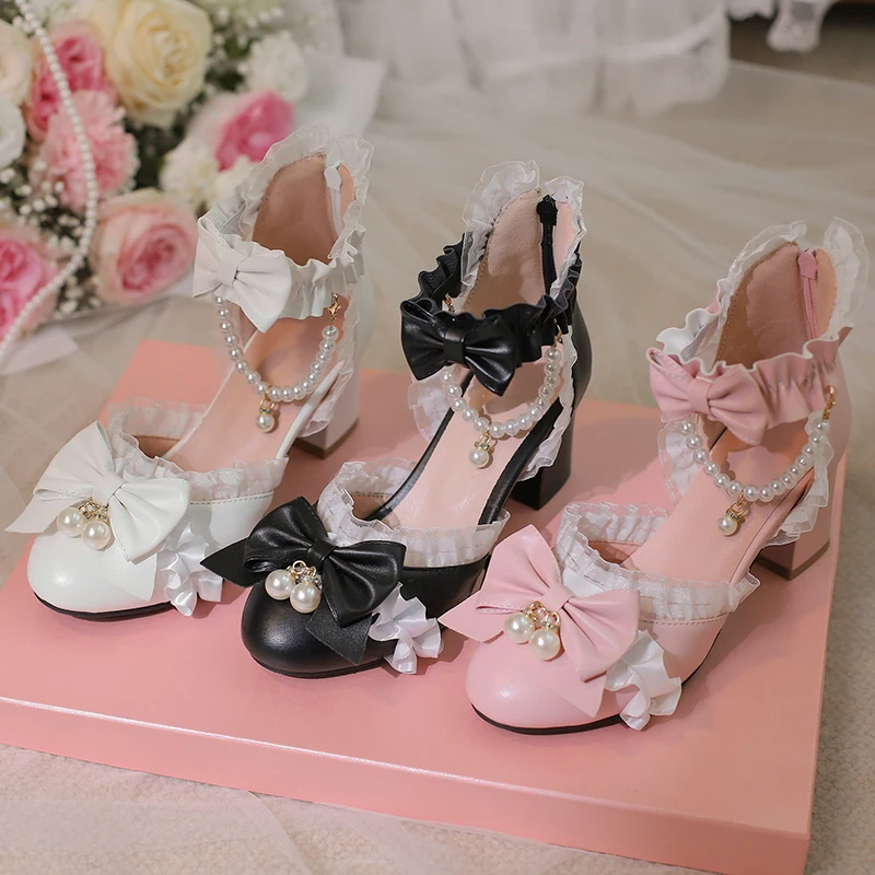 Romantic Lolita Mary Jane Sandals with Side Open Heel Cover Delicate Beadwork Feminine Bow Lace Edge Back Zipper Princess Style