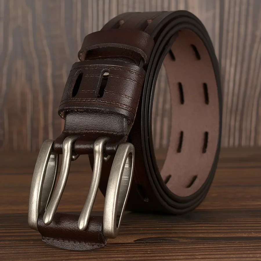 

Men's High Quality Genuine Leather Belts for Men Brand Strap Male Double Pin Buckle Fancy Vintage Jeans Cowboy Cintos