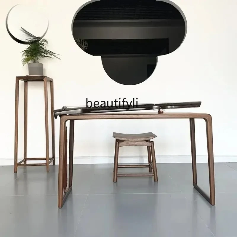New Chinese solid wood guqin table and stool black walnut zen guzheng table calligraphy table old elm piano stool