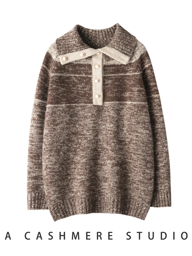 جديد المرأة 100% سترة الكشمير المعنقة رفض طوق أزرار البلوز الخريف الشتاء لينة الدافئة سميكة سترة الكشمير المعنقة تريكو القمم