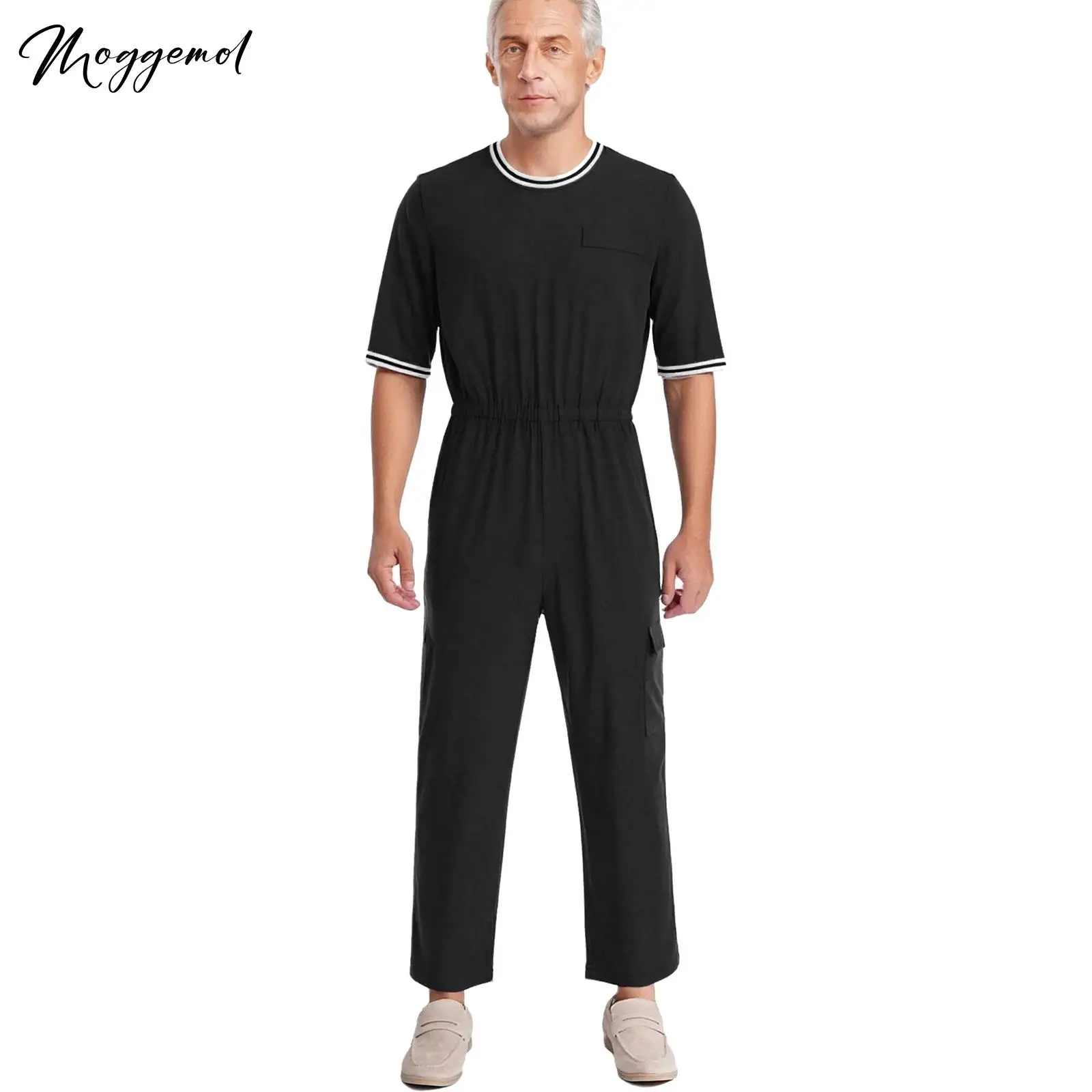 

Men Alzheimer Adaptive Clothing Round Neck Half Sleeve Anti-Strip Back Zipper Rompers Special Needs Jumpsuit with Flap Pocket