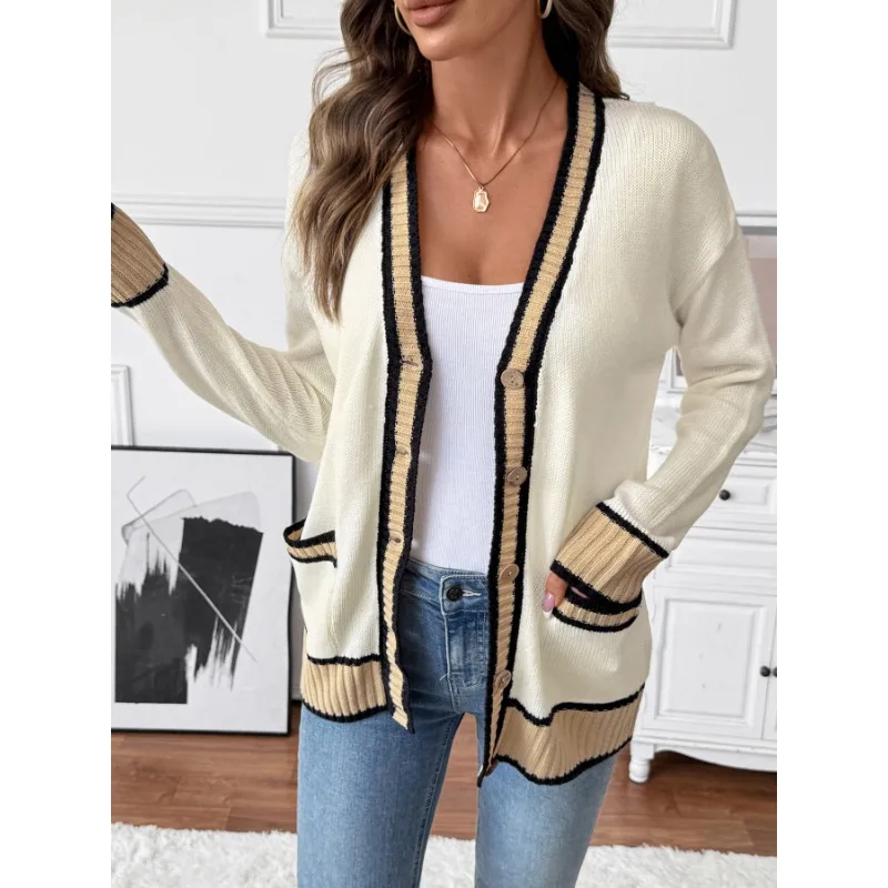 Nuevo Cárdigan de punto de otoño e invierno, suéter informal holgado de estilo perezoso con cuello en V, chaqueta